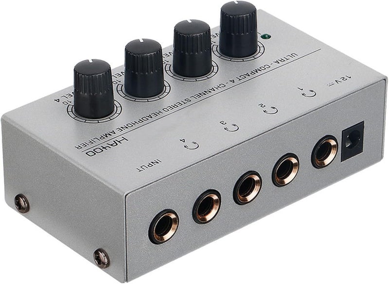 HSCLPM Headphone Amplifier with Audio Cable, HA400 4-Channel Metal Stereo Audio Amplifier, Mini Earphone Splitter W/ 1/4" TRS & DC 12V Power Adapter, for Sound Mixer PC Guitar Studio Stage (Gray) - Image 3